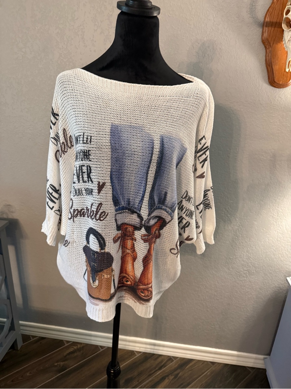 Off-the-Shoulder White Graphic Knit Sweater with Denim & Sandal Print